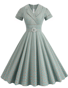 Sweat V Neck Plaid 1950S Vintage Swing Dress