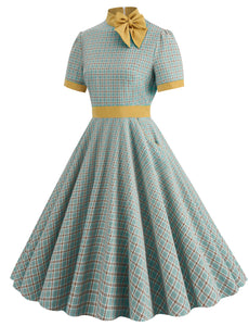 1950s Bow Collar Plaid Vintage Swing Dress