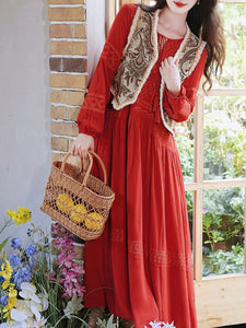 1970S Vintage Red Vintage Bohemian Dress and Vest Vintage Outfits