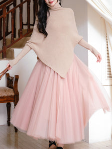 2 Piece Retro Irregular Bat Sleeve Cape Sweater and Pink Mesh Skirt Set