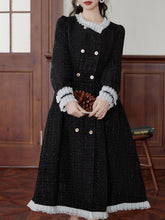 Load image into Gallery viewer, Black Crew Neck Tweed 1950s Swing Dress Coat With White Lace Ruffles