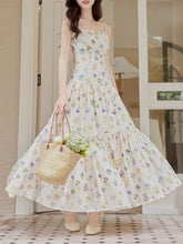 Load image into Gallery viewer, 2PS White Floral Print Spaghetti Strap Dress With Blue Shawl Dress Suit