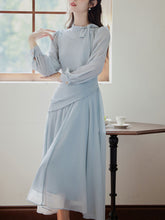 Load image into Gallery viewer, Baby Blue Bow Collar Chiffon Pleat Edwardian Revival Vintage Party Dress