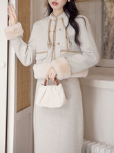Load image into Gallery viewer, 2PS Apricot Warm Thickened Top and Skirt Suit With Fake Fur Hem