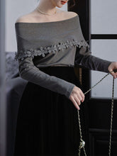 Load image into Gallery viewer, 1950S Vintage Gray Lapel Flower Knit Sweater and Velvet Pleated Skirt Audrey Hepburn&#39;s outfit