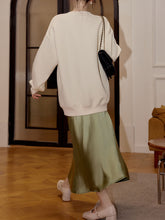 Load image into Gallery viewer, 2 Piece White Crew Neck Embroidered Sweatshirt and Green Satin Fishtail Skirt Set