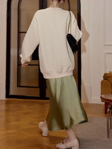 2 Piece White Crew Neck Embroidered Sweatshirt and Green Satin Fishtail Skirt Set