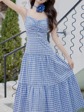 Load image into Gallery viewer, 3PS Blue Plaid Spaghetti Strap Dress With Blue Shawl Dress Suit