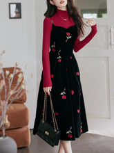 Load image into Gallery viewer, 2PS Red Top And Black Strap Rose Embroidered Velvet 1950S Dress Set