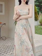 Load image into Gallery viewer, 2PS Light Pink Floral Print Spaghetti Strap Dress With Green Shawl Dress Suit