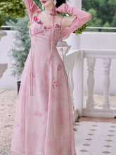 Load image into Gallery viewer, 2PS Pink Rose Handmade Flower Suspender Print Vintage Dress and Cardigan Suit