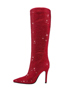 Red High Heel Pointed Toes Luxury Bling Rhinestone Boots Shoes