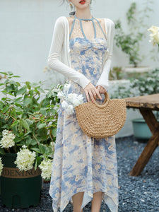 2PS Blue Daisy Floral Print Halter Neck Dress With White Shawl Dress Suit