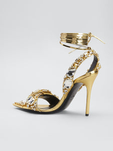 10CM High Heel Gold Rhinestones Square Toe Twine Sandals