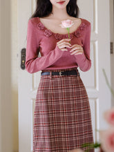 Load image into Gallery viewer, 2PS Pink Rose Sweater And Plaid Straight  Skirt 1950s Vintage Audrey Hepburn&#39;s Style Outfits