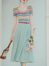 Load image into Gallery viewer, 2PS Green Round Collar Stripe Knitted Shirt And Swing Skirt Dress Set