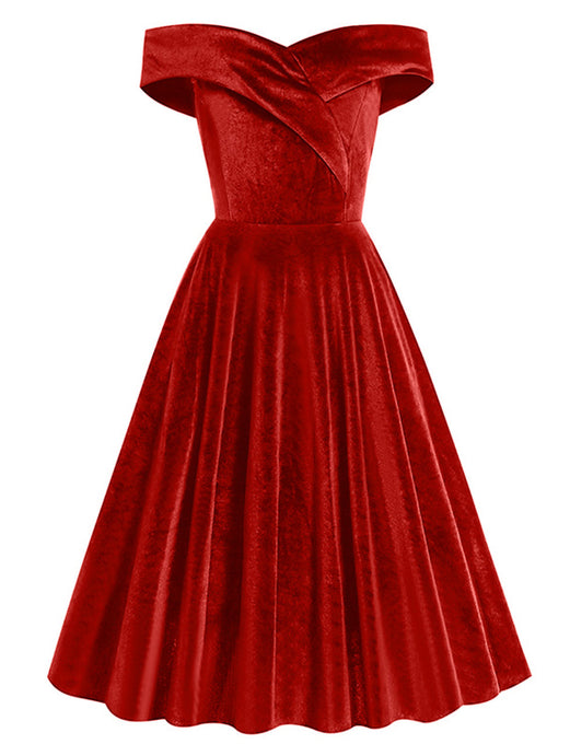 Christmas Red Off Shoulder Velvet 1950S Vintage Swing Dress