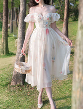 Load image into Gallery viewer, White Floral Print Off Shoulder Corset Spaghetti Strap 1950S Vintage Dress