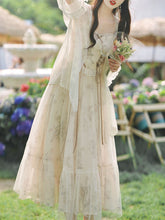 Load image into Gallery viewer, 2PS Apricot Floral Print Ruffles Spaghetti Strap Princess Dress With Cardigan Suit