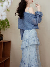 Load image into Gallery viewer, 2PS Blue Floral Print Spaghetti Strap Dress With Blue Shawl Dress Suit