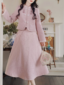 2PS Pink Long Sleeve Warm Coat With Pink Split Skirt Vintage Suit