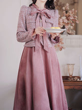 Load image into Gallery viewer, Pink and Purple Bow Fake Two-piece Velvet Long Sleeve Vintage 1950S Swing Dress