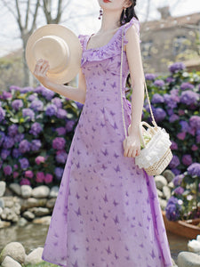 Purple Butterfly Print Shoulder Ruffles Vintage Dress