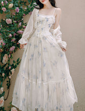 Load image into Gallery viewer, 2PS White Floral Print Ruffles Spaghetti Strap Princess Dress With White Shawl Dress Suit