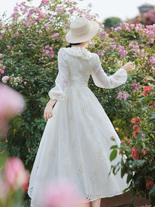 White V Neck Long Sleeved Embroidered Hollow Cotton Dress