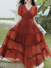 Load image into Gallery viewer, Burgundy V-neck Pleated Puff Sleeve Maxi Dress