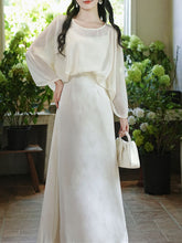 Load image into Gallery viewer, White Bamboo Leaf Pattern Jacquard Satin Bat Sleeve Fake Two-piece Maxi Dress