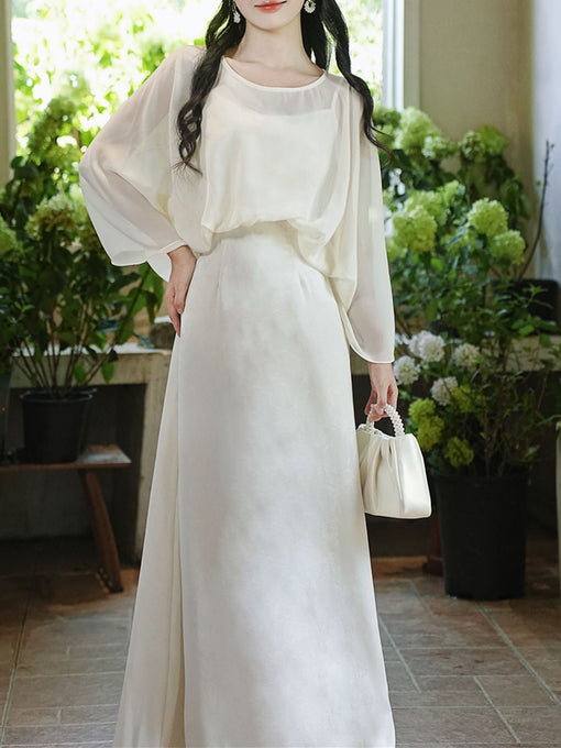 White Bamboo Leaf Pattern Jacquard Satin Bat Sleeve Fake Two-piece Maxi Dress