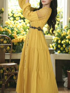 Yellow V-neck Boho Embroidered Bohemian Dress