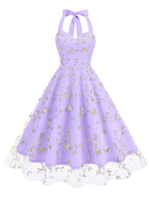 Load image into Gallery viewer, Purple Semi Mesh Rose Embroidered Sleeveless Halter Neck 50S Swing Dress