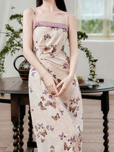 Load image into Gallery viewer, 2PS Purple Butterfly Print Spaghetti Strap Dress With Shawl Dress Suit