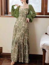 Load image into Gallery viewer, Green Bohemian Floral Print Chiffon Maxi Dress Prom Dress With Cardigan