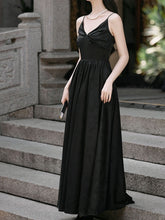 Load image into Gallery viewer, Black Suspender Deep V-neck Satin Backless Maxi Dress Prom Dress With Cape