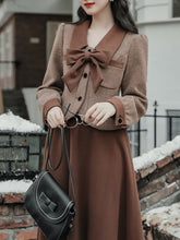 Load image into Gallery viewer, 2PS Brown Bow Tweed Coat With Swing Skirt 1950S Vintage Audrey Hepburn&#39;s Style Outfits