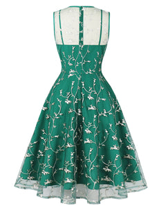 Green Leaves Embroidered 1950S Vintage Swing Dress