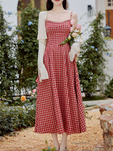 Load image into Gallery viewer, 2PS Red Plaid Spaghetti Strap Dress With White Shawl Dress Suit