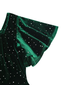 Christmas Green Square Collar Sequins Velvet 1950S Vintage Swing Dress