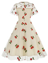 Load image into Gallery viewer, Black Semi Mesh Cherry Embroidered Short Sleevele 50S Swing Dress