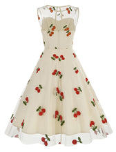 Load image into Gallery viewer, White Semi Mesh Cherry Embroidered Sleeveless 50S Swing Dress