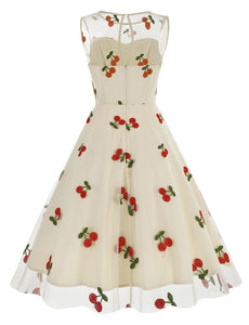 White Semi Mesh Cherry Embroidered Sleeveless 50S Swing Dress