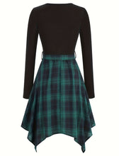 Load image into Gallery viewer, Christmas Green Crew Neck Long Sleeve Plaid 1950S Vintage Swing Dress