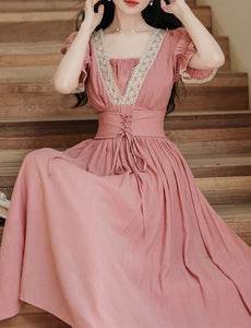 Pink Handmade Rhinestone Lace-up Belt Edwardian Revival Dress