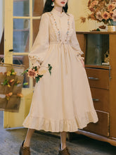 Load image into Gallery viewer, Apricot Stand Collar Ruffles Embroidered Swing Retro Dress