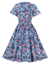 Load image into Gallery viewer, Blue Floral Print V Neck 1950S Vintage Dress