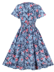 Blue Floral Print V Neck 1950S Vintage Dress