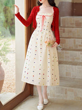 Load image into Gallery viewer, White Cute Cotton Embroidered Dress with Red Cardigan Vintage Suit